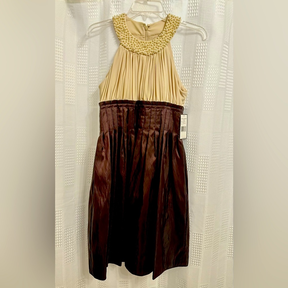 Beautiful ivory and rich brown with peal encrusted neck dress